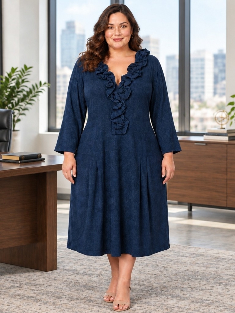 Taylor Navy Ruffled V-Neck Midi Dress